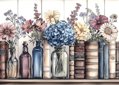 Stamping Cross Stitch Kit Books Flowers, Counting Cross Stitch Kit for Adult Beginners, with Glass Bottles Full Line DIY Cross Stitch Stitching Kit for Home Decor Cross Stitch Patterns 15.7x11.8inches