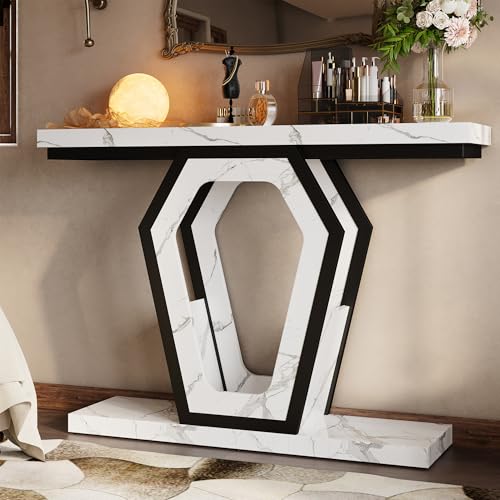 FUSUNBAO 47.3" Console Table,Openwork Bracket Sofa Table, Wood Narrow Entryway Table for Hallway, Behind The Couch, Living Room, Foyer, Easy Assembly(White Marble Texture) FUSUNBAO