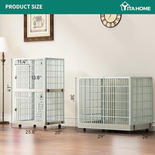 YITAHOME 41'' 2-Tier Cat Cage Cat Crate with Door Locks and Bottom, Three-Door Design Plastic Ferret Cage Large Rabbit Cage Indoor Chinchilla Cage Small Animal Cages Catio with Wheels and Ladder YITAHOME