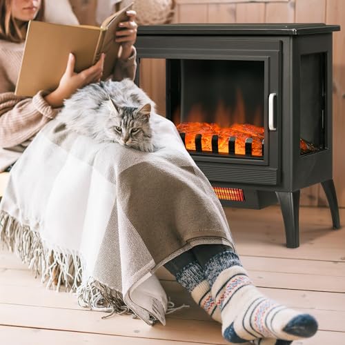 HOMCOM 24" Electric Fireplace Stove, Freestanding Infrared Fire Place Heater with Realistic Logs Flame, Adjustable Temperature, Overheat Protection, 1000W/1500W, Black HOMCOM