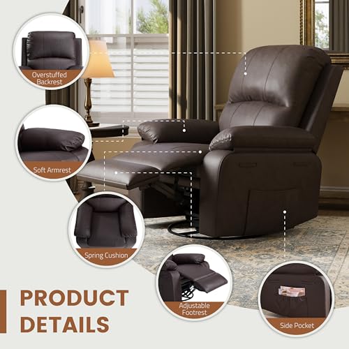 Attalee Leather Swivel Rocker Recliner Chair, Traditional Manual Chair, Upholstered Nursery Glider Rocking Recliner, Comfy Faux Leather Single Sofa with Pocket Spring for Living Room, Dark Brown