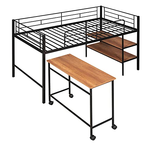 Harper & Bright Designs Twin Loft Bed Low Loft Bed Frame with Storage Shelves and Movable Table with Wheels, Metal Low Loft Beds Small Room/Low Ceiling Bedroom with Guardrail and Ladder, Black Harper & Bright Designs