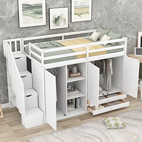 Merax Twin Loft Bed with Stairs, Functional Loft Bed with Wardrobe, Shelves and Drawer, Wooden Loft Bed Frame, No Box Spring Needed Merax