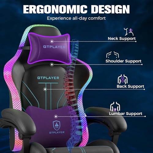 GTPLAYER Gaming Chair, Computer Chair with RGB LED Lights, High Back Ergonomic Chair for Adults with Footrest, Reclining Office Chairs, Linkage Armrest, Blue GTPLAYER