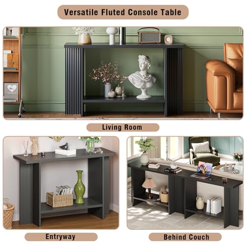 Trironsun Fluted Console Table for Small Spaces 2-Tier Storage Narrow Entryway Table with Solid Wood Cross Base Mid-Century Modern Sofa Table for Hallway Living Room Behind Couch Trironsun