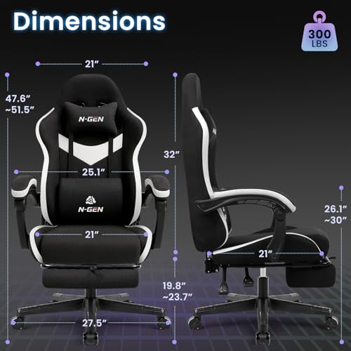N-GEN GAMING Video Gaming Chair Office Computer Desk Use Ergonomic Reclining Backrest Adjustable Armrests Lumbar Support Footrest High Density Foam Breathable Fabric Heavy Duty Base (Black) N-GEN GAMING
