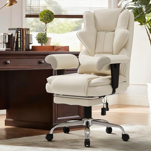 Mvpipi 7-Point Massage Office Chair,Heated Manageral Chair,Ergonomic Executive Chair with Footrest,Adjustable Armrest๏ผComputer Chair for Offices, Study Areas, Gaming Spaces,Beige