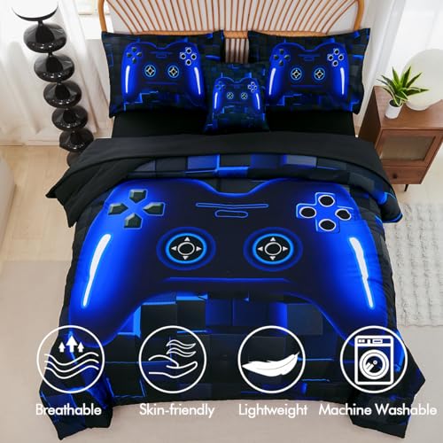 PERFEMET Twin Size Bed in A Bag 6 Pieces Gaming Bedding Set for Boys Blue Gamer Comforter with Sheet Set for Kids Teen Cool Video Game Black Quilt Bedding Set(Blue, Twin) PERFEMET