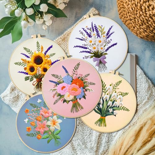 ACRNIGHEET 5PCS Embroidery Kit for Beginners Embroidery Flower Sewing Pre Printed Pattern Embroidery Starter Kit with Instructions, Including 5 Stamped Embroidery Cloth and Various Accessories