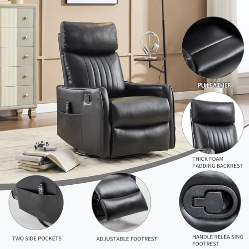 High Back Massage Recliner with Heat - Swivel Rocking Chair for Small Spaces, Manual Lazy Boy Recliner for Adults, Perfect for Living Room & Bedroom, Soft Fabric (Black PU)
