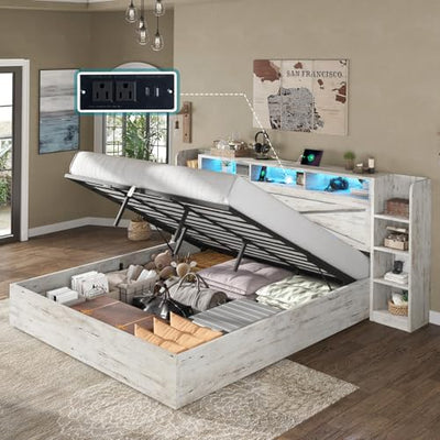 AMERLIFE King Size Lift Up Storage Bed Frame, 45.1" LED Bed Frame with 2 Side Shelves & Bookcase Headboard, Farmhouse Wood Platform Bed with Charging Station, No Box Spring Needed, Distressed White