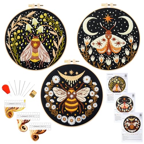 Hand Embroidery Starter Kits for Beginners Adults, Counted Stamped Cross Stitch Kit for Beginners Adults, Embroidery Needlepoint Kit with Moth Flower Pattern, 3 Hoops (Attached Teaching Video QR Code)