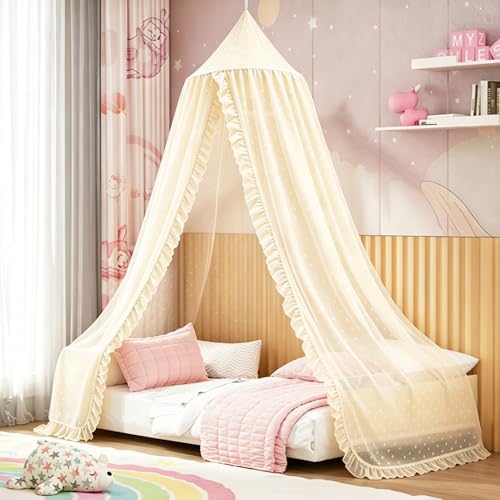 Mengesi Bed Canopy with Pom Pom- Lace Chiffon Canopy Bed Curtains, Ruffles Princess Reading Nook Play Tent for Girls Room (Ivory)