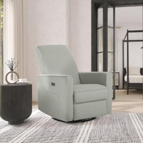 évolur Harlow Upholstered Power Glider Recliner with USB Charging – Rocking & 275° Swivel with Smooth Glide – Greenguard Gold & FSC Certified – Modern Nursery and Living Room Chair in Light Grey