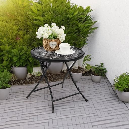 TeoKJ Folding Outdoor Side Tables, Anti Rust Small Patio Table Round Metal Nightstand with Flower Cutouts for Porch Yard Balcony Deck Lawn, Black TeoKJ