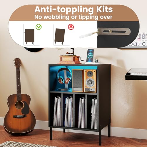 Giantex Record Player Stand with LED Lights & Charging Station, Turntable Stand with Record Holder, Record Player Table with Metal Legs, Vinyl Record Storage for Living Room, Music Room, Black Giantex