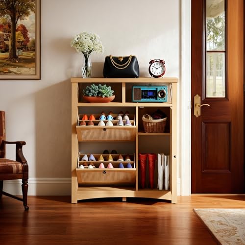 YITAHOME Farmhouse Shoe Cabinet with 2 Flip Drawers, Rattan Shoe Rack w/Adjustable Shelves and Open Storage, Rustic Wood Entryway Organizer for Hallway, Foyer, Porch, Living Room, Light Oak YITAHOME