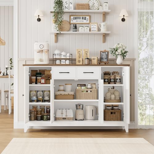HORSTORS 55" Buffet Cabinet with Storage, Kitchen Buffet Sideboard with Drawers, Large Storage Cabinet with Doors and Shelves, Modern Farmhouse Coffee Bar for Kitchen, Dining Room, Living Room, White HORSTORS