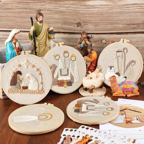 YOUDRN Nativity Scene Embroidery kit,Christmas Cross Stitch Kits,DIY Embroidery Kit for Adults with Pattern,Cotton Threads,Needles,Instruction,20cm Hoop,for Decor Home Room (Angel)