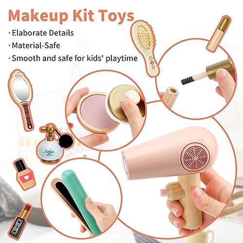 HEELWIRE Wooden Makeup Toy Set for Kids, Girls Imaginative Pretend Beauty Makeup Set Toys, Great Gift for Girls Ages 3+. HEELWIRE
