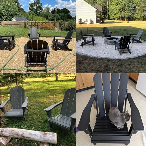 Folding Adirondack Chair with Cup Holder, Poly Lumber Patio Chairs, Wood Texture, Pre-Assembled Weather Resistant Outdoor Chairs for Pool, Deck, Backyard, Garden, Fire Pit Seating, Black POLYDUN
