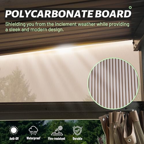 Domi 12x16FT Lean to Gazebo, Aluminum Wall Mounted Gazebo with Sloping Galvanized Steel Roof, Curtains and Netting, Outdoor Hardtop Gazebo Pergola for Patio, Deck, Garden, Backyard domi outdoor living