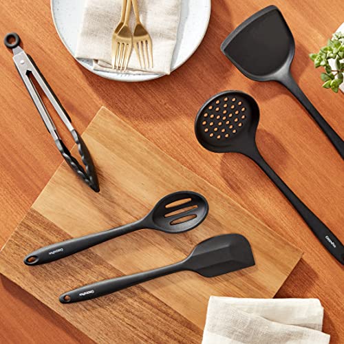 GreenPan 5 Piece Cooking Utensil Set, Flexible Nonstick Silicone, Stain-Free, Tongs, Turner, Spatula, Skimmer, and Slotted Spoon, Black GreenPan