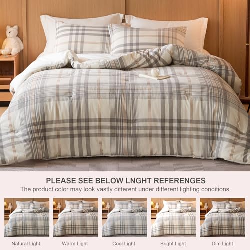 hadamick 100% Cotton Comforter Set Full Size – Reversible Yarn-Dyed Checkered Design, Soft Washed Cotton on Both Sides, Lightweight All-Season Bedding, Machine Washable(Grey White Plaid, 80”x90”) hadamick