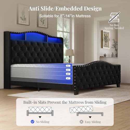 Belffin Queen Size Bed Frame and Headboard, 50.9" Velvet Upholstered Wingback Bedframe with LED Lights & Storage/Charging Station, Button Tufted Tall Footboard, No Box Spring Needed, Noise-Free, Black Belffin