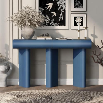 48" Stonehenge Style Modern Console Table with Storage Drawers, Wood Minimalism Industrial Curved Entryway Table for Entrance, Hallway, Living Room (Blue)