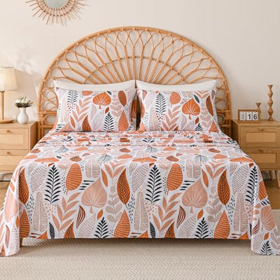 Yibeizi Boho Leaves Printed Sheet Set Queen, Botanical Pattern Bed Sheets Microfiber Bedding Sheets & Pillowcases Soft 15" Extra Deep Pocket Fitted Bedsheet 4 Piece