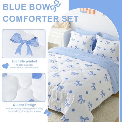 Wajade 7 Piece Blue Bow Comforter Set for Girls Kids Full Size Bedding Set with Sheet and 2 Pillowcases 2 Pillow Shams Cute Girls Bed in a Bag as Birthday Choice Wajade