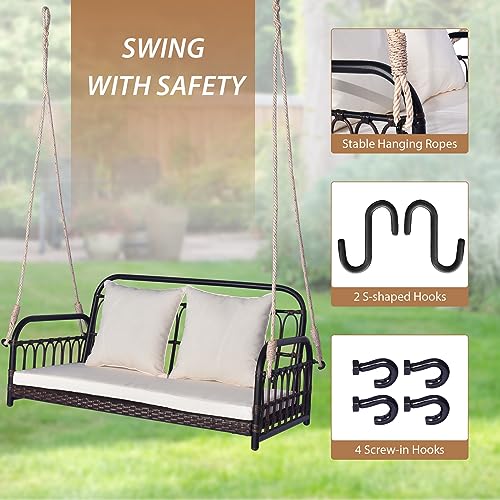 Tangkula Outdoor Wicker Porch Swing, 2-Person Hanging Seat with Seat & Back Cushions, Heavy-Duty Metal Frame & 2 Sturdy Hanging Ropes, Wicker Woven Swing Loveseat for Front Porch, Backyard (Off White) Tangkula