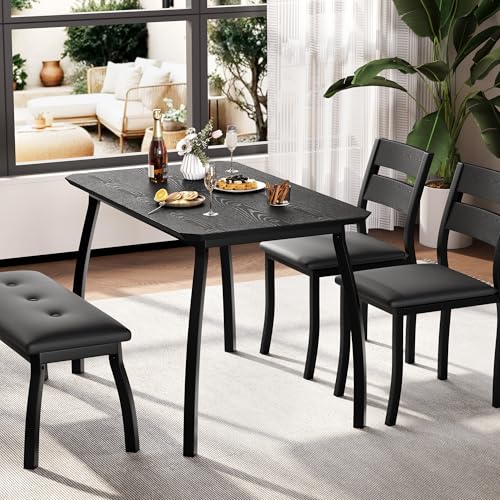 IDEALHOUSE 43'' Dining Table Set for 4, Wooden Kitchen Table with Upholstered Bench & 2 Cushion Chairs, Industrial Dinette Set for Studio, Kitchen, Dining Room, Apartment, Black IDEALHOUSE