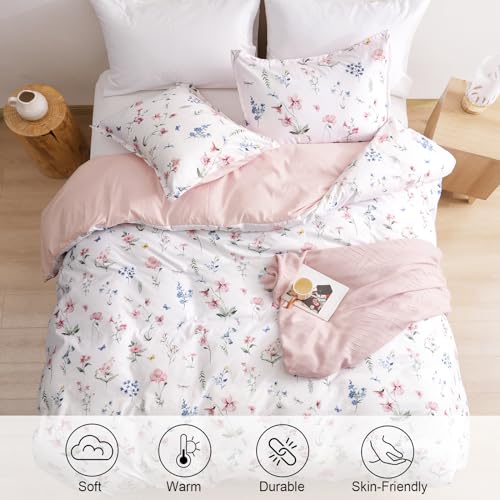PHF Ultra Soft Floral Duvet Cover Queen Size, Printed Bedding Set 3 Pieces, Comfy Durable Farmhouse Duvet Cover Set with 2 Pillow Shams, Zipper Closure and 8 Ties, 90"x90", White & Pink PHF