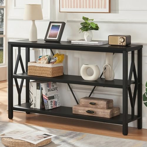 HOMISSUE Sofa Console Table, Rustic Console Table with 3-Tier Storage, Engineered Wood Sofa Tables with Open Shelves, Heavy Duty Entryway Tables for Living Room, Hallway (47 Inch, Black) HOMISSUE