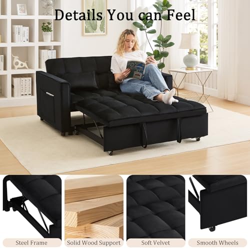 YitZanefrin 54'' 3 in 1 Convertible Sleeper Sofa Bed, Futon Couches Bed for Living Room with Side Pocket | Adjustable Backrest | Velvet Fabric | Pull Out Couch | Love Seat Sofa Black YitZanefrin