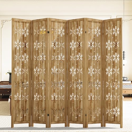 Casaphoria 6 Panels Room Divider, Folding Screen Room Divider with Snowflake Pattern for Home Office, Restaurant and Bedroom, Paulownia Wood, 95" W x 67" H (Natural) Casaphoria