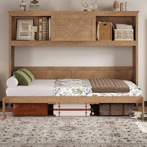 Merax Farmhouse Wood Murphy Bed with Charging Station, Modern Wall Bed with Top Cabinet & Drawer, No Box Spring Needed/Space Saving, Twin, Wood Color Merax