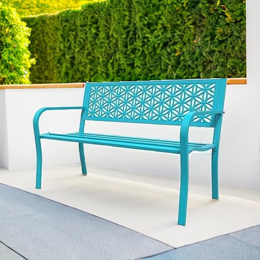 VINGLI 50" Outdoor Bench Metal with Floral Back, Garden Bench Front Porch Benches for Yard Patio Entryway Park, 800lb Capacity - Blue VINGLI