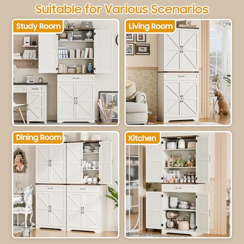 72" Tall Farmhouse Kitchen Pantry, Farmhouse Storage Cabinet with Adjustable Shelves, Large Capacity Storage Cabinet with Drawer,Freestanding Cupboard for Kitchen, Dining Room, Living Room, White Befrases
