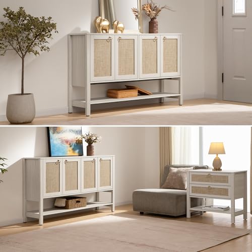 SICOTAS Rattan Sideboard Buffet Cabinet with Open Storage - Large Storage Cabinet with 4-Doors and Adjustable Shelves, Boho Credenza Coffee Bar Cabinets Buffet Table Console Table for Kitchen,Hallway SICOTAS