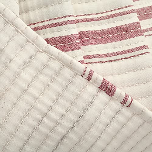 Lush Decor Farmhouse Stripe Kantha Pick Stitch Cotton Quilt/Coverlet Single Full/Queen, Red - Striped Bedding Queen Quilt - Queen Blanket For Bed Lush Decor