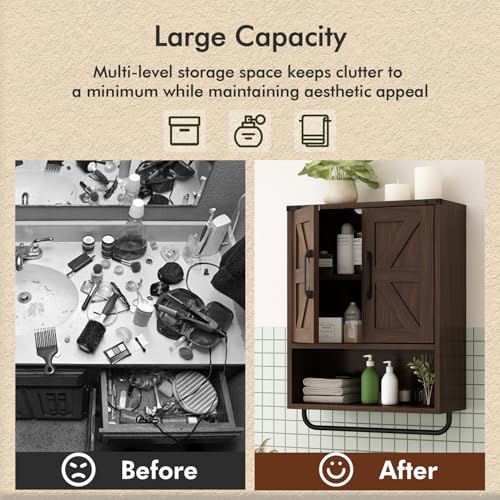 RUSTOWN Farmhouse Wall Storage Cabinet with Two Barn Door, Rustic Mounted Medicine Cabinet with Adjustable Shelf and Towel Bar, 3-Tier Wood Cabinet for Kitchen, Bathroom, Living Room (Dark Walnut) RUSTOWN