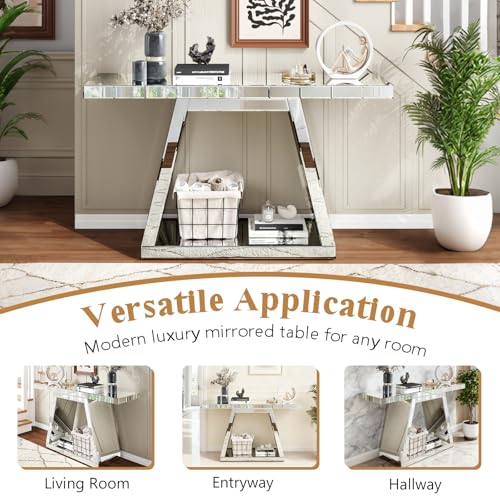 Goujxcy 2 Piece Silver Mirrored Console Table and Round Wall Mirror Set, 55.9" Rectangle Luxury Mirrored Entryway Sofa Table and 31.5" Crush Diamond Wall Mirror Set for Living Room Hallway Entrance Goujxcy