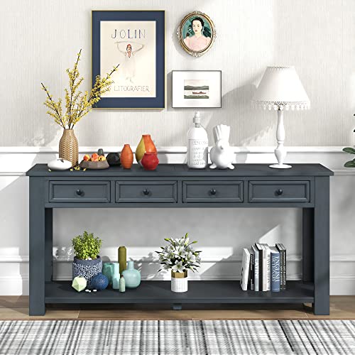 Knocbel Console Table with 4 Storage Drawers Bottom Shelf, Rustic Distressed Sofa Table for Entryway Hallway, Assembly Required, 63" W x 14" D x 30" H, Navy Knocbel