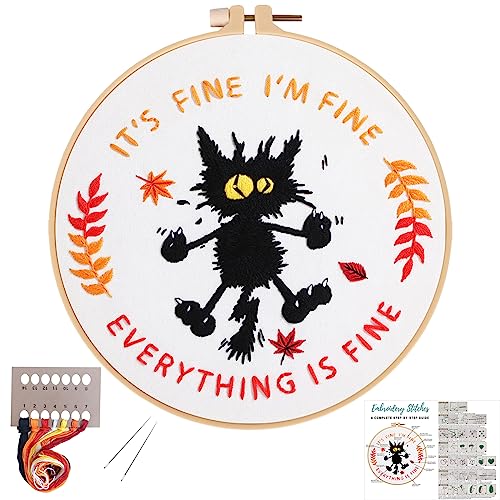 Louise Maelys Cute Cat Embroidery Kits for Beginners with Funny Animal Pattern,Adults Starter Cross Stitch Kit DIY Needlepoint Everything is Fine