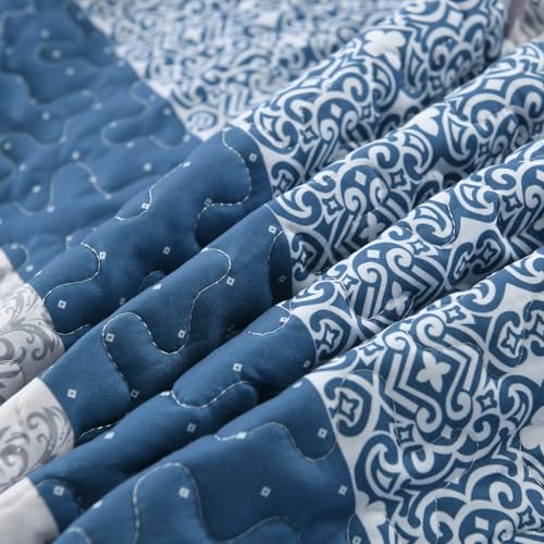 WONGS BEDDING Blue Quilt King Size, Bohemian Stripe Quilt Sets 3 Pieces Boho Quilted Bedspread Set Lightweight Microfiber Coverlet Bedding Set All Season (104"x90") WONGS BEDDING