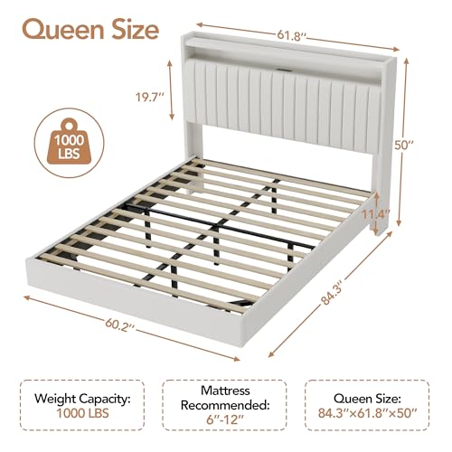 GarveeHome Queen Floating Bed Frame with RGB LED Lights & Charging Station, Upholstered Platform Bed Frame wth Storage Headboard, 50" Tall Headboard Bed Frame Queen Size No Box Spring Needed, White GarveeHome