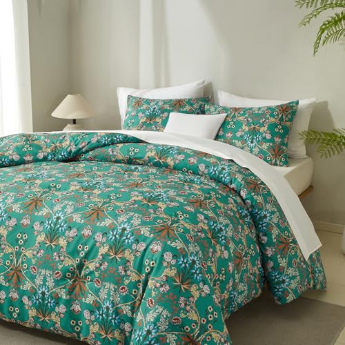 mixinni Farmhouse Boho Comforter Set Queen Size - 3 Piece Lightweight All Season Bedding Set with Fluffy Comforter & 2 Pillow Shams, Floral Botanical Design, Soft Breathable Microfiber mixinni